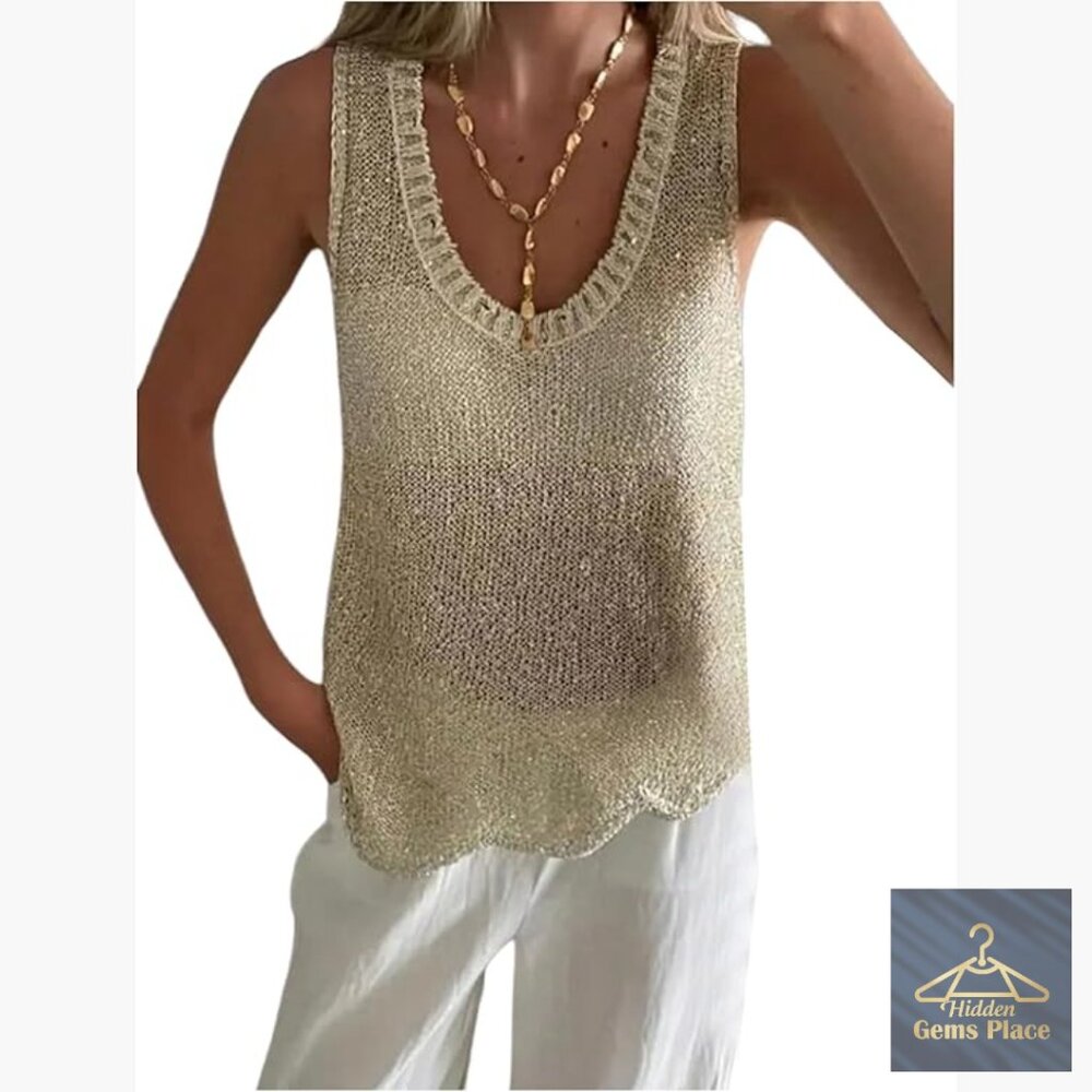 Crochet Sparkly Sleeveless Sweater Vest Summer Beach Tank Top
